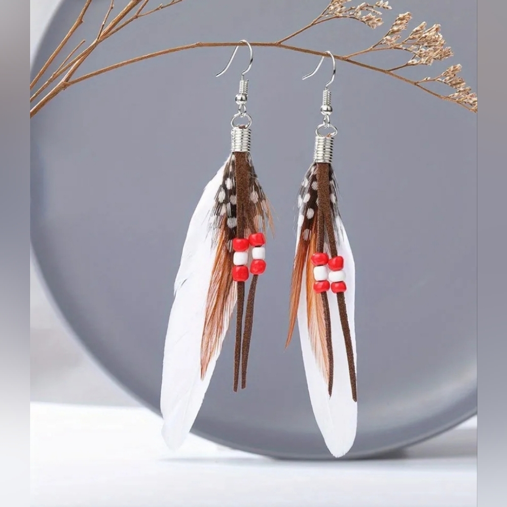 White Black Feather Red Bead Tassel Dangle Earrings 2/$15 3/$20 4/$25